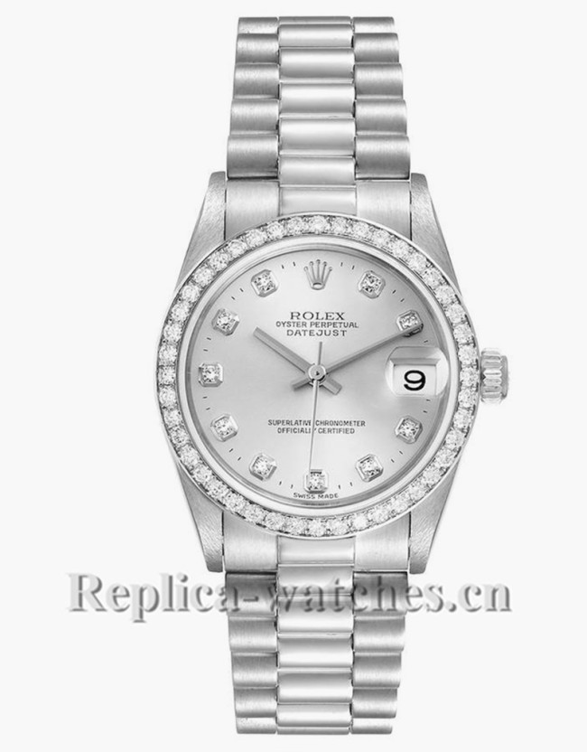 Replica Rolex President Datejust 78286 Platinum oyster case 31mm Silver dial Diamond Ladies Watch