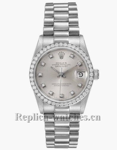 Replica Rolex President Datejust 68286 Midsize Platinum 31mm Silver dial Diamond Ladies Watch