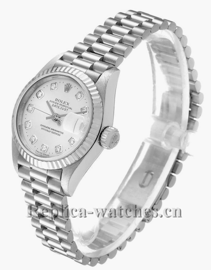 Replica Rolex President 79179  fluted bezel 26mm Silver dial Diamond Ladies Watch