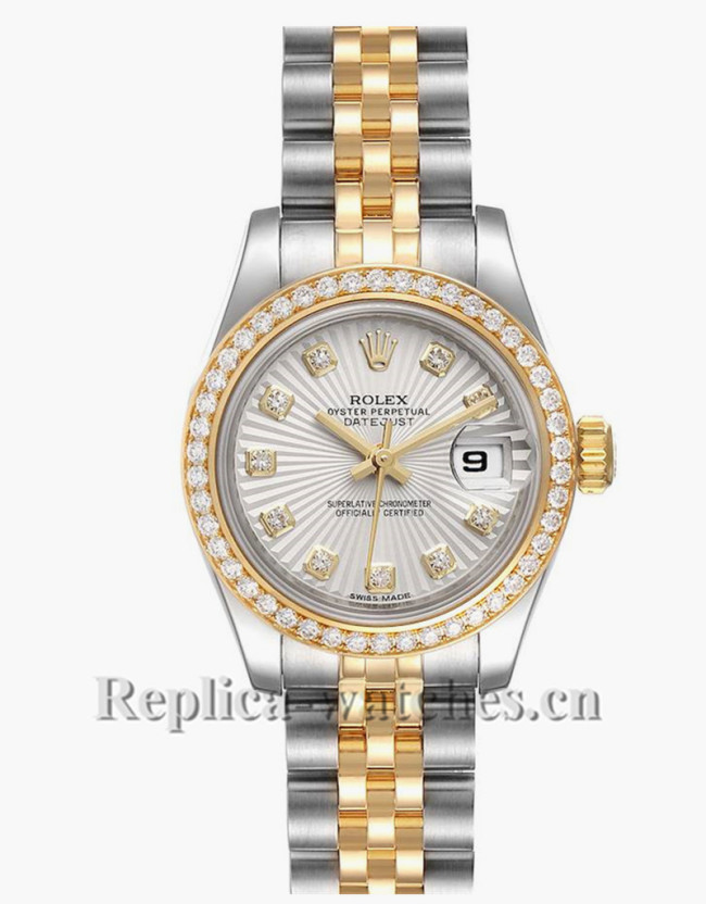 Replica Rolex Datejust 179383 Stainless steel oyster case 26mm Silver Sunbeam Dial Diamond Ladies Watch