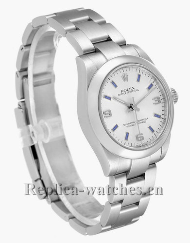 Replica Rolex Midsize 177200 Stainless steel oyster case 31mm Silver Dial Blue Hour Markers Steel Ladies Watch