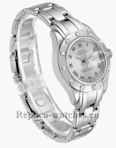 Replica Rolex Pearlmaster 69319 oyster case 29mm Silver Dial Diamond Ladies Watch