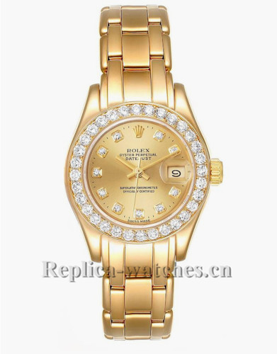 Replica Rolex Pearlmaster 69298 oyster case 29mm Yellow dial Diamond Ladies Watch