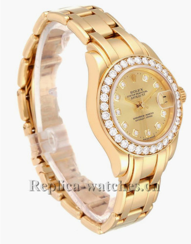 Replica Rolex Pearlmaster 69298 oyster case 29mm Yellow dial Diamond Ladies Watch