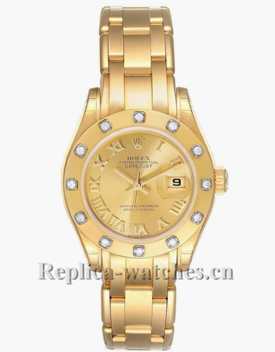 Replica Rolex Pearlmaster 80318 oyster case 29 mm Roman Diamond Champagne dial Ladies Watch
