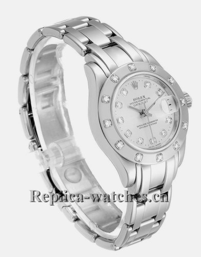 Replica Rolex Pearlmaster 80319 oyster case 29mm Silver Dial Diamond Ladies Watch
