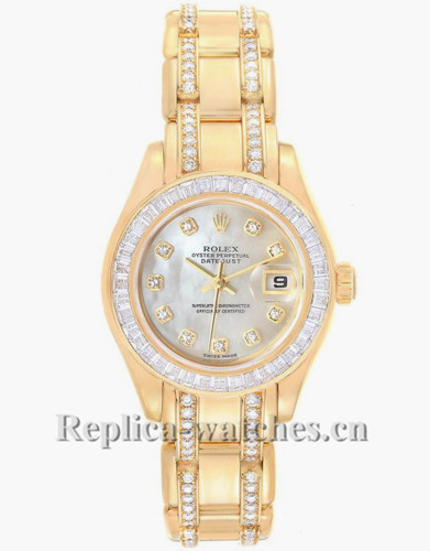 Replica Rolex Pearlmaster 80308 oyster case 29mm MOP dial Two Row Diamonds Bracelet Ladies Watch