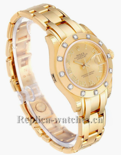 Replica Rolex Pearlmaster 80318 oyster case 29 mm Roman Diamond Champagne dial Ladies Watch