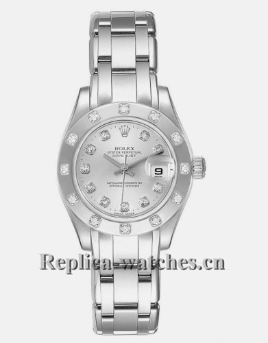 Replica Rolex Pearlmaster 80319 oyster case 29mm Silver Dial Diamond Ladies Watch