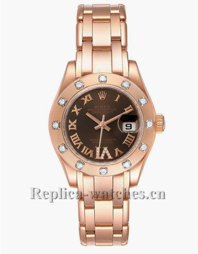 Replica Rolex Pearlmaster 80315 oyster case 29mm Chocolate brown dial Diamond Ladies Watch