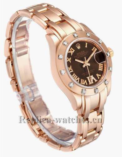 Replica Rolex Pearlmaster 80315 oyster case 29mm Chocolate brown dial Diamond Ladies Watch
