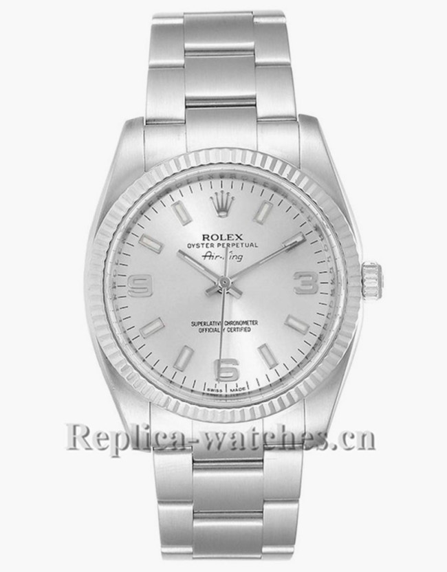 Replica Rolex Air King 114234 Silver dial 34mm Fluted Bezel Mens Watch