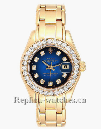 Replica Rolex Pearlmaster 69298 oyster case 29mm Blue Vignette Diamond Dial Ladies Watch