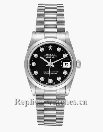 Replica Rolex President Datejust Midsize 68246 Platinum oyster case 31mm Black Diamond Dial Ladies Watch