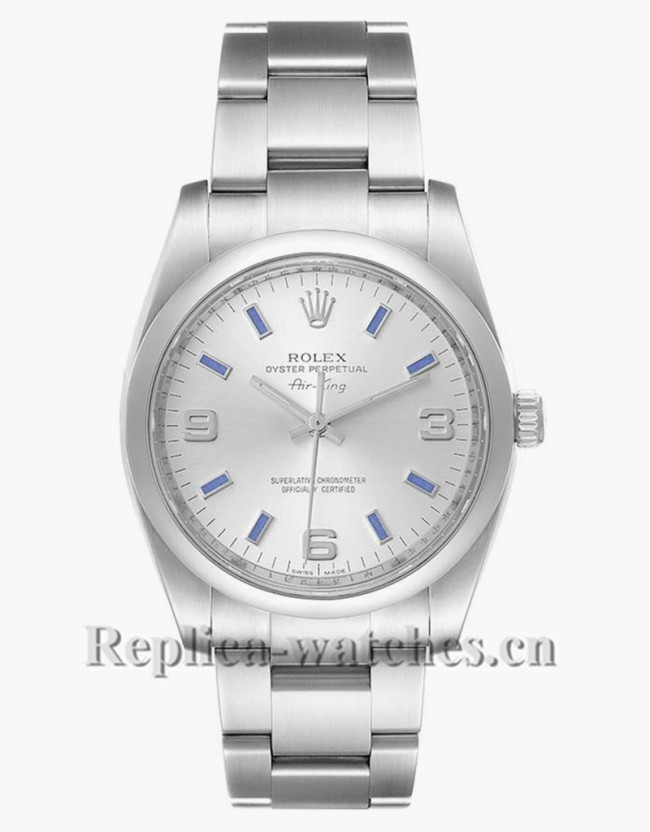 Replica Rolex Air King 114200 Silver Dial 34mm Blue Hour Markers Steel Mens Watch