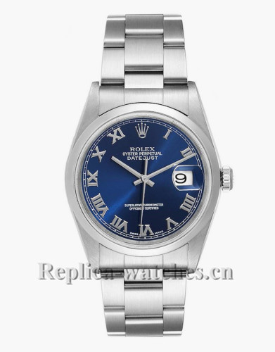 Replica Rolex Datejust 16200 Stainless steel oyster case 36mm Blue Roman Dial Mens Watch