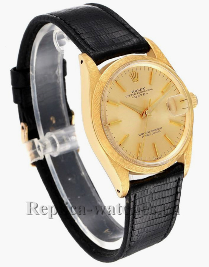 Replica Rolex Date 1502 cyclops magnifier 35mm Florentine Finish Vintage Champagne dial Mens Watch