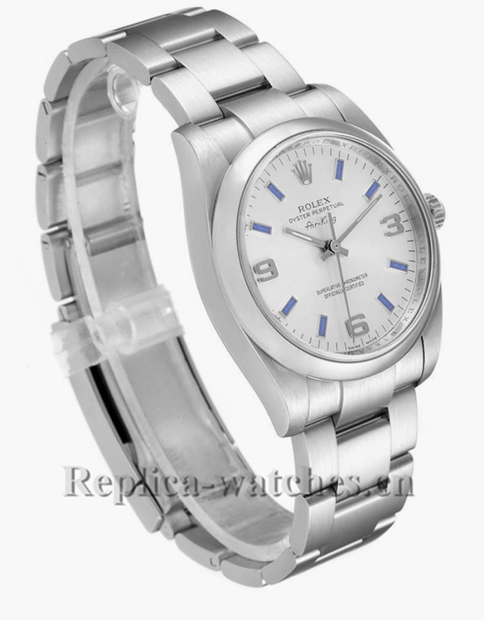 Replica Rolex Air King 114200 Silver Dial 34mm Blue Hour Markers Steel Mens Watch