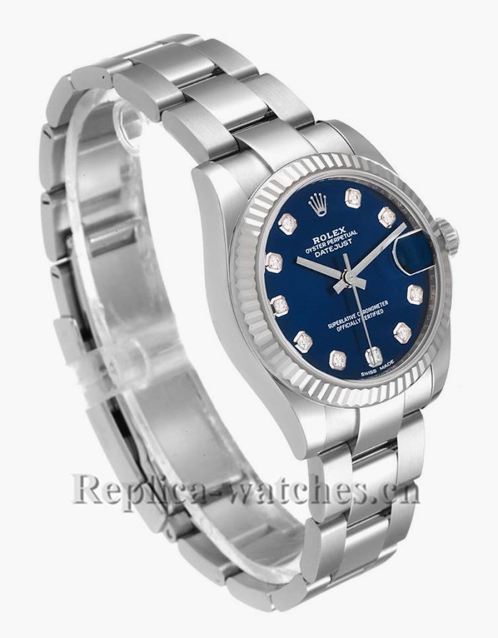 Replica Rolex Datejust Midsize 178274 Stainless steel oyster case 31mm Blue Diamond Dial Ladies Watch