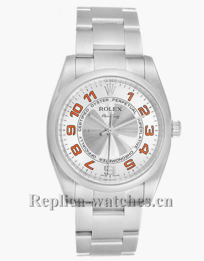 Replica Rolex Air King 114200 Stainless steel case 34mm Concentric Silver Orange Dial Unisex Watch 