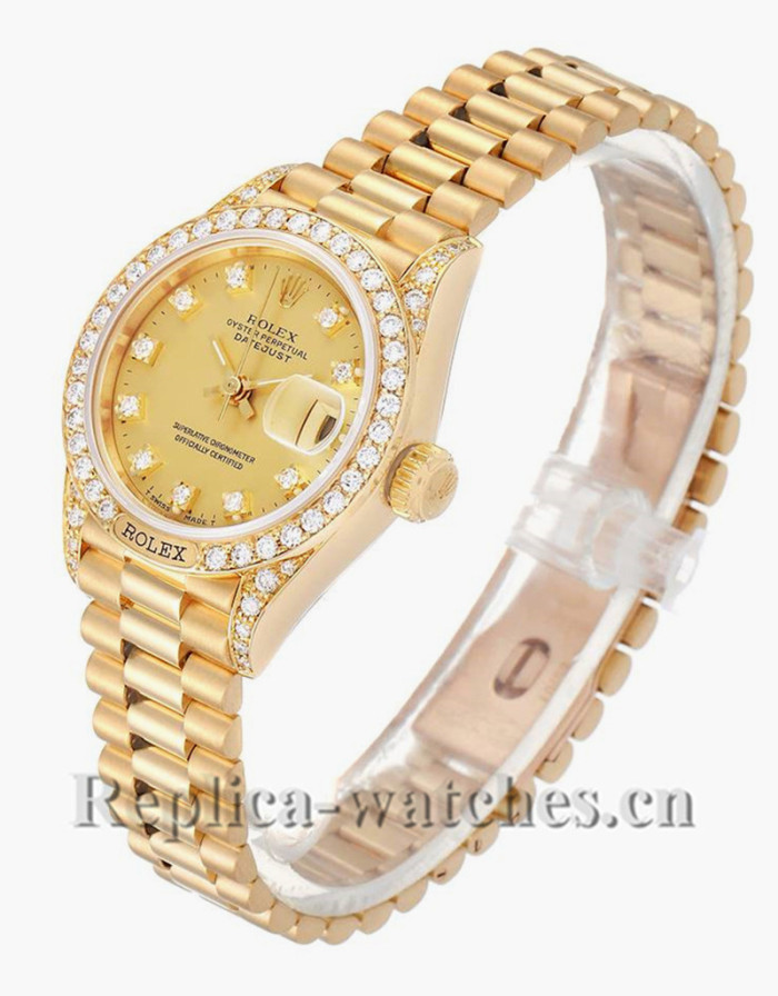 Replica Rolex President Datejust 69158 Oyster case 26mm Champagne dial Diamond Ladies Watch 