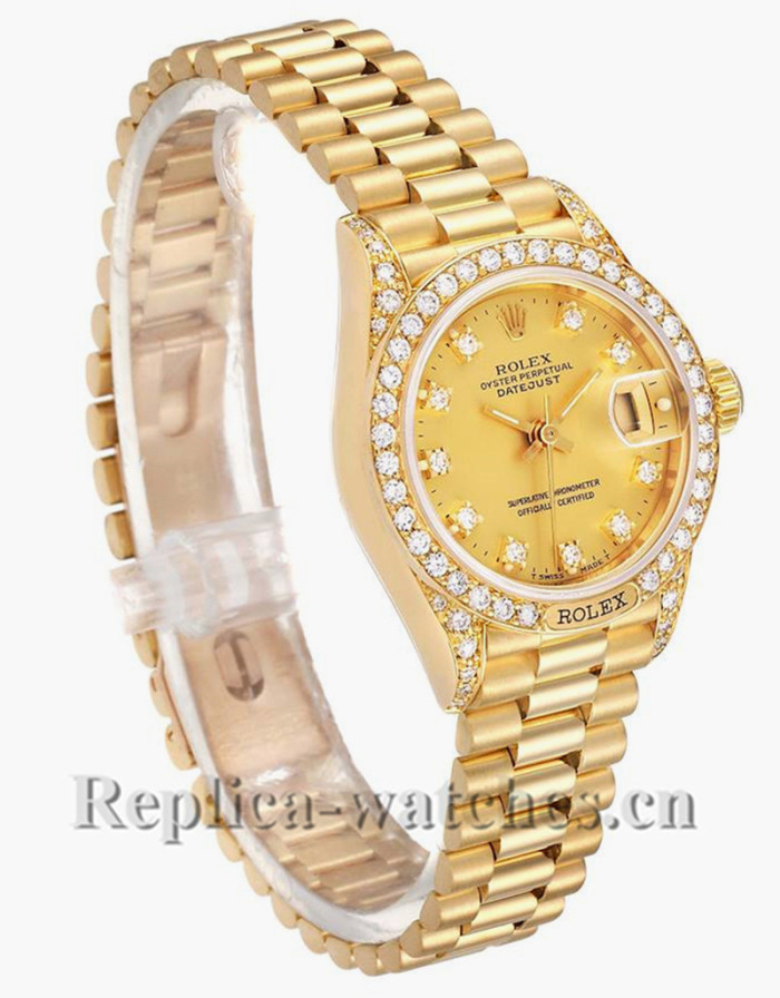 Replica Rolex President Datejust 69158 Oyster case 26mm Champagne dial Diamond Ladies Watch 