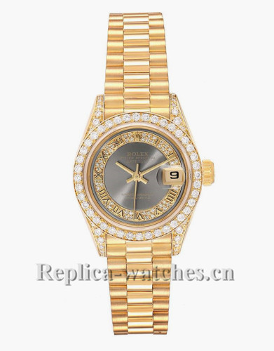 Replica Rolex President 69158 oyster case 26mm Grey dial Diamond Ladies Watch 