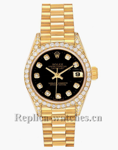 Replica Rolex President Datejust 69158 oyster case 26mm Black dial Diamond Ladies Watch 