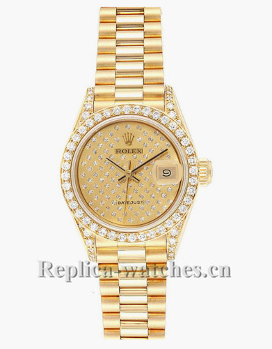 Replica Rolex President Datejust 69038 oyster case 26mm champagne pave diamond dial Ladies Watch 