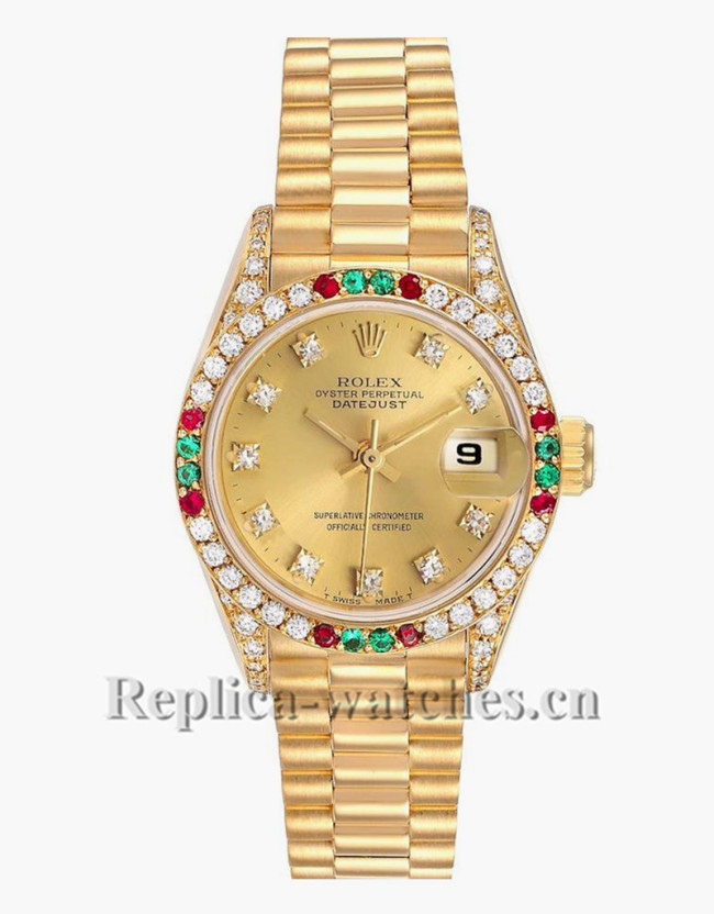 Replica Rolex President Datejust 69038 oyster case 26mm Champagne dial Diamond Ruby Emerald Ladies Watch