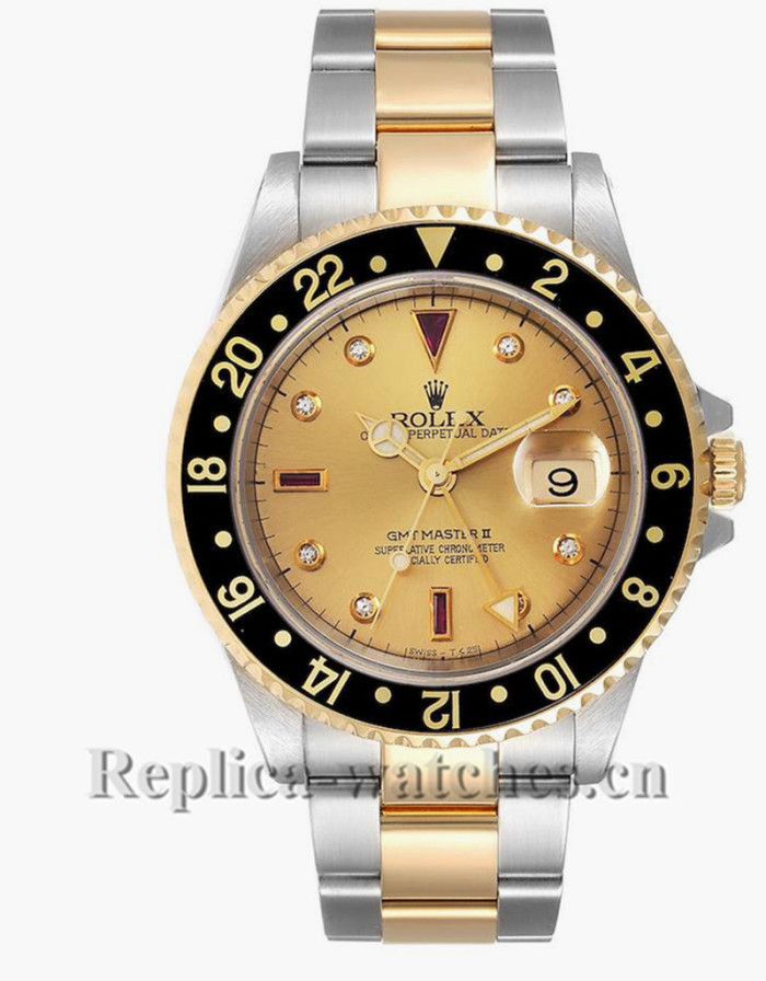 Replica Rolex GMT Master II 16713 Stainless steel case 40mm Champagne serti dial Mens Watch