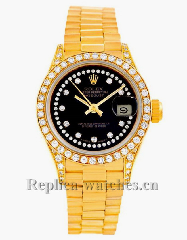 Replica Rolex President Datejust 69158 oyster case 26mm black Diamond dial Ladies Watch