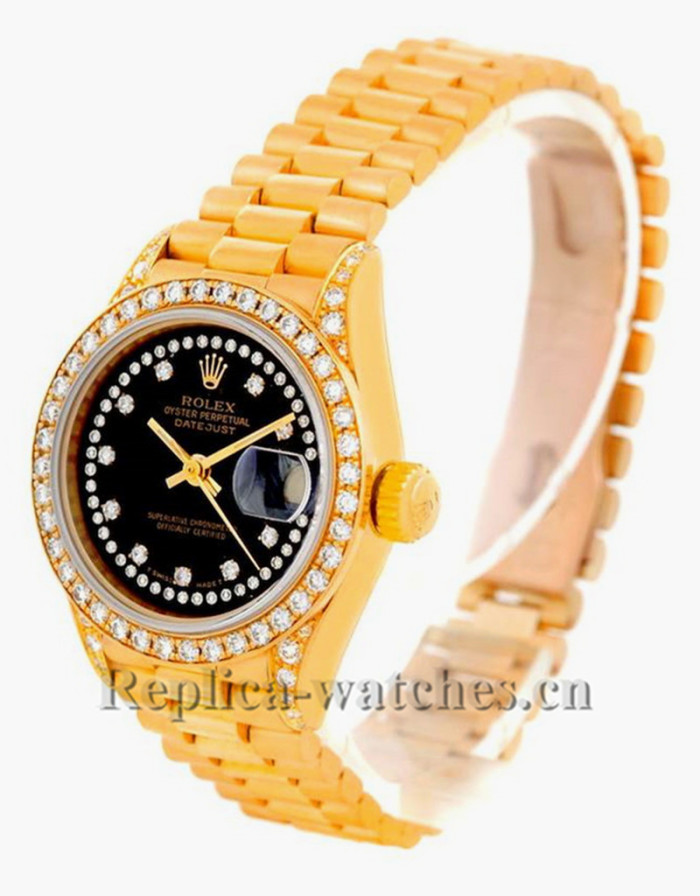 Replica Rolex President Datejust 69158 oyster case 26mm black Diamond dial Ladies Watch