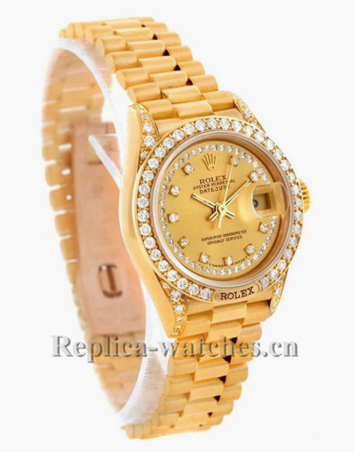 Replica Rolex President Datejust 69158 oyster case 26mm Champagne string dial Diamond Ladies Watch 