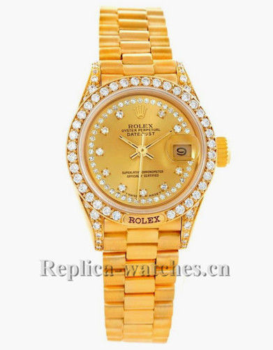 Replica Rolex President Datejust 69158 oyster case 26mm Champagne string dial Diamond Ladies Watch 