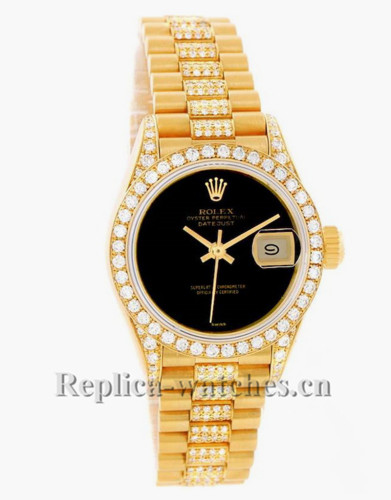 Replica Rolex President Datejust 69158 oyster case 26mm Black Onyx Dial Diamond Ladies Watch