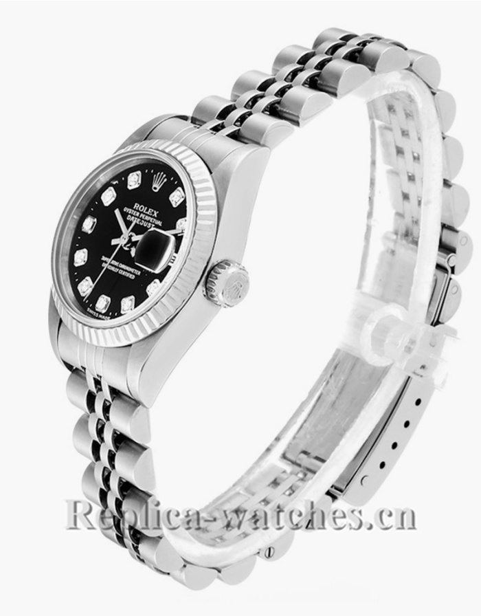 Replica Rolex Datejust 69174 Stainless steel case 26mm Black Diamond Dial Ladies Watch 