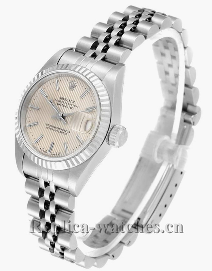 Replica Rolex Date 69174 Stainless steel oyster case 26mm Silver Tapestry Dial Ladies Watch