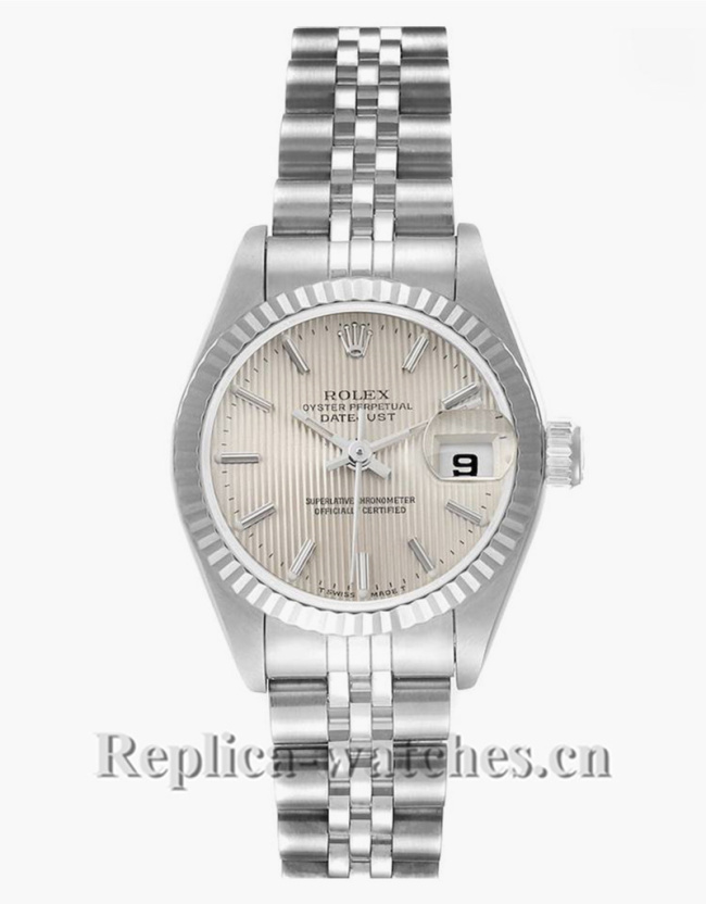 Replica Rolex Date 69174 Stainless steel oyster case 26mm Silver Tapestry Dial Ladies Watch