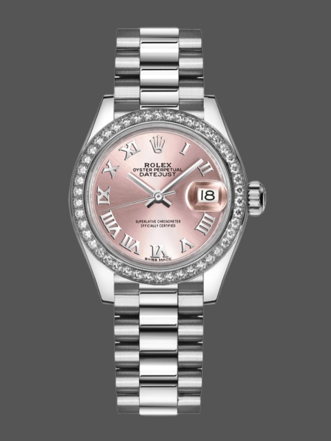 Rolex Datejust Diamond Bezel Pink Dial Roman Numerals hour markers 279136RBR 28mm Lady Replica Watch