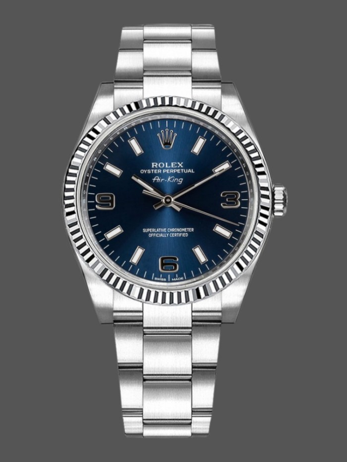 Rolex Oyster Perpetual Air-King 114234 Blue Dial fluted white gold bezel 34mm Unisex replica watch
