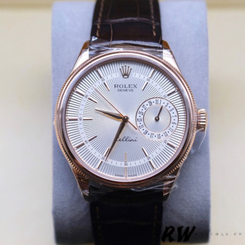 Rolex Cellini Date Rose Gold Silver Crocodile Leather Strap 50515 39mm Mens Replica Watch