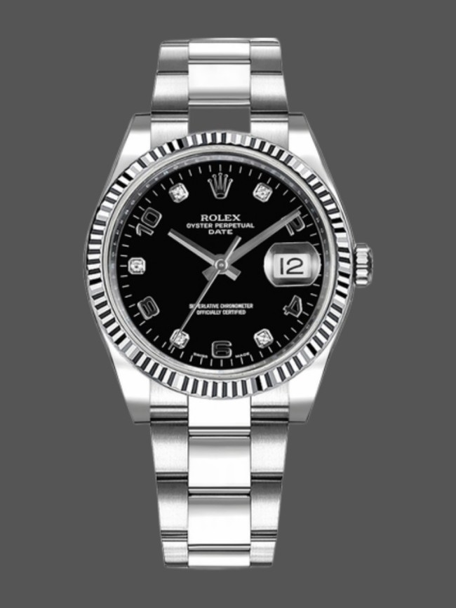 Rolex Oyster Perpetual Date 115234 Black Diamond Dial 34mm Unisex Replica Watch
