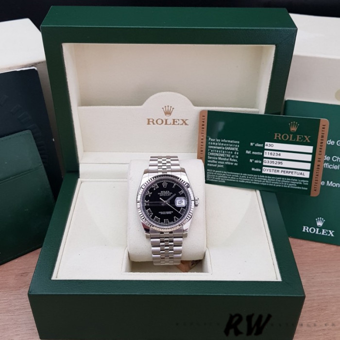 Rolex Datejust 116234 Stainless Steel Fluted Bezel Black Roman Dial 36mm Mens Replica Watch