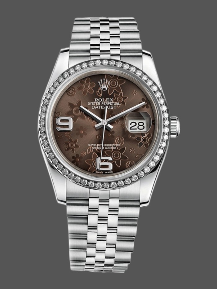 Rolex Datejust 116244 Stainless Steel Chocolate Floral Dial 36mm Unisex Replica Watch