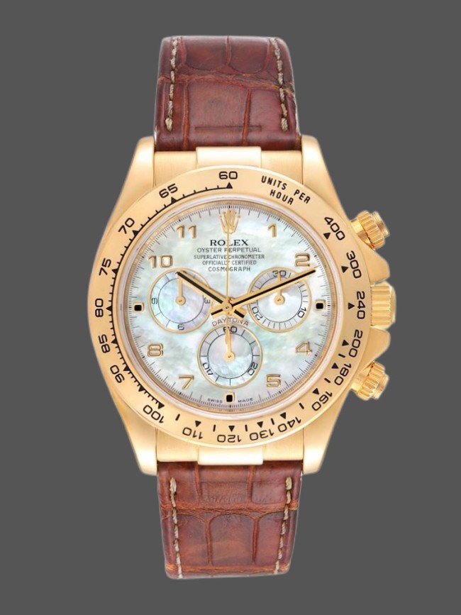 Rolex Daytona 116518 Yellow Gold MOP Dial Brown Strap 40mm Mens Replica Watch