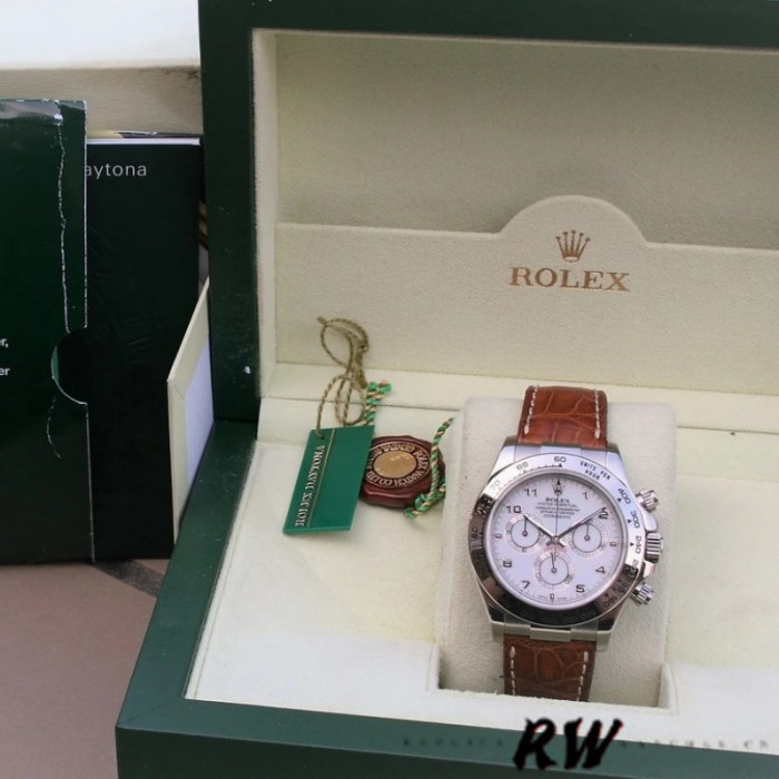 Rolex Daytona 116519 white Arabic dial brown leather strap 40mm Mens Replica Watch