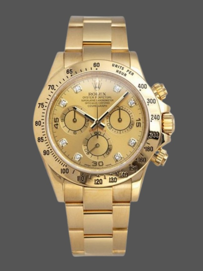 Rolex Daytona 116528 Yellow Gold Champagne Diamond Dial 40mm Mens Replica Watch