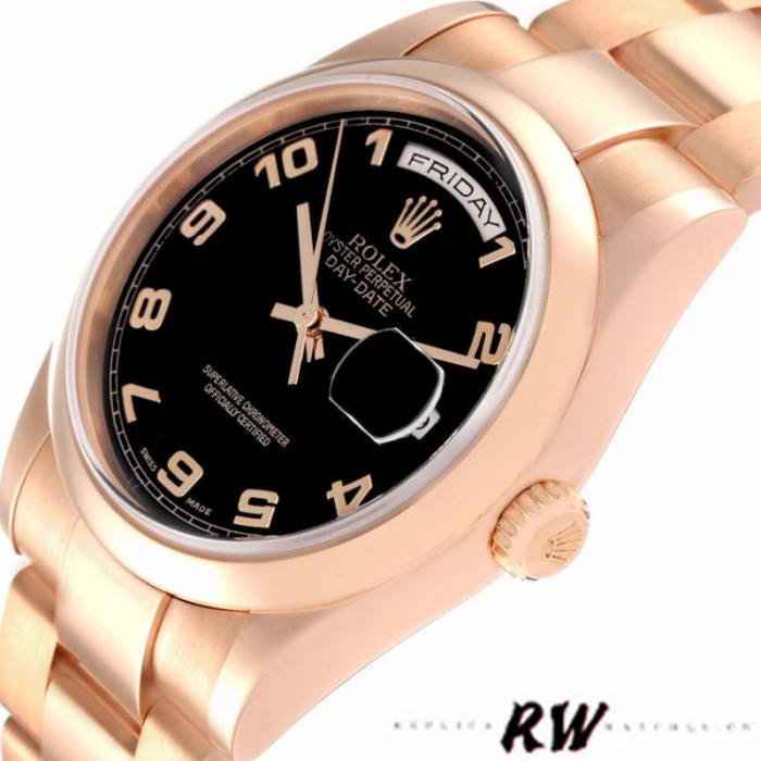 Rolex President Day Date 118205 Rose Gold Black Dial 36mm Unisex Replica Watch