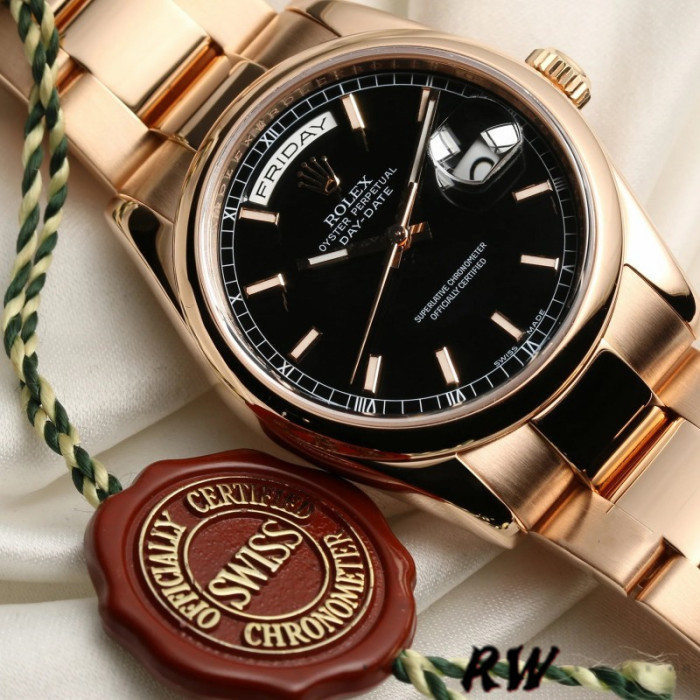Rolex Day Date 118205 Black Dial Rose Gold 36mm Unisex Replica Watch